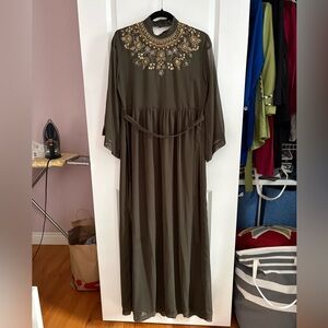 Embroidered Olive Green Maxi Dress